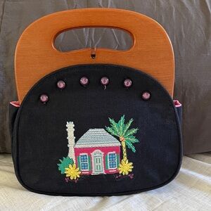 Navy Embroidered Cottage Tote with Wooden Handles